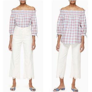 kate spade Pink and Light Blue Plaid Off-Shoulder Blouse